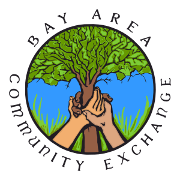 A tree with three hands of different color grasping the trunk of the tree, with blue sky backdrop